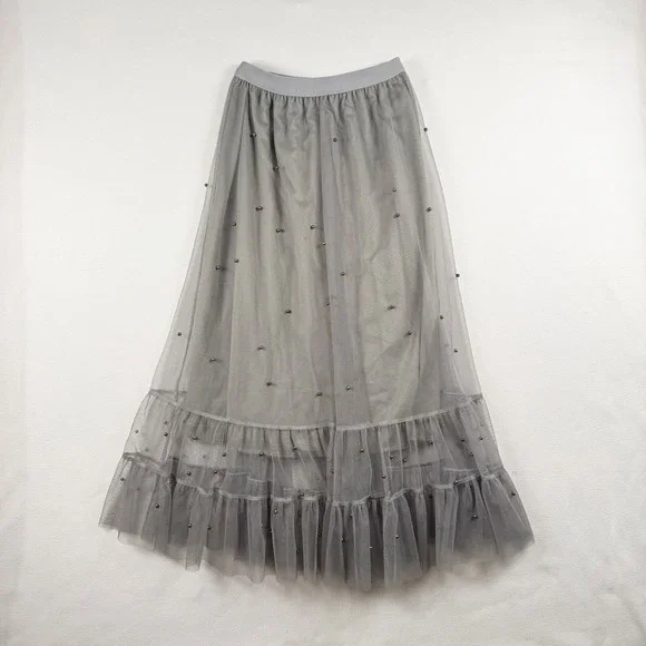 Chicwish Grey Tulle Maxi Skirt Faux Pearl Accents Ruffle Tiered Mesh Romantic - Picture 5 of 7